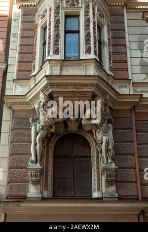 Latvia, Riga - June 2016: Low angle view of architectural detail on building exterior Stock Photo