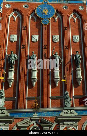 Riga, Latvia - June 2016: Statues of gods on the House of the Blackheads in Riga Stock Photo