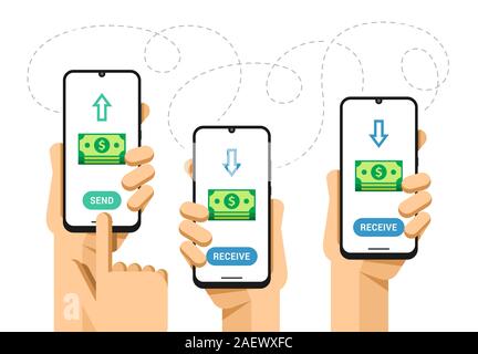Smartphone mockup in human hand. Send and receive money. Finance transaction operation. Vector flat colorful technology illustration Stock Vector