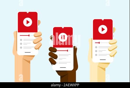Smartphone mockup in human hand with video player application on the screen. Vector flat colorful technology illustration Stock Vector