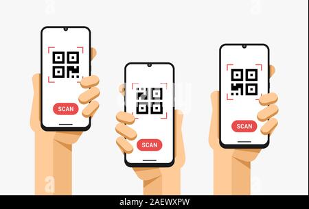 Smartphone mockup in human hand. Scan QR code. Vector flat colorful technology illustration Stock Vector