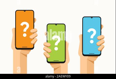 Smartphone mockup in human hand. Question on screen. Online help and support. Vector flat colorful technology illustration Stock Vector