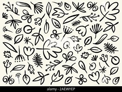 Doodle vector hand drawn pattern with black leafs and flowers. Nature outline background floral pattern Stock Vector