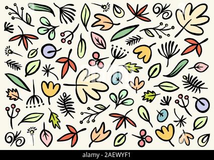 Doodle simple vector hand drawn pattern with colorful leafs and flowers. Nature outline background floral pattern Stock Vector