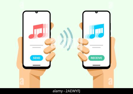 Smartphone mockup in human hand. Send and receive a music track file from phone to phone. Vector colorful technology illustration Stock Vector