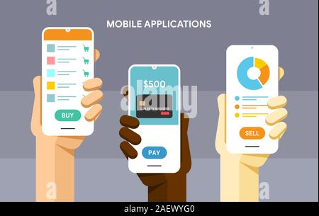 Smartphone mockup in human hand. Shopping, mobile wallet payment and finance application. Vector flat colorful technology illustration Stock Vector