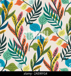 Colorful tropical leaf and fern seamless pattern Stock Vector