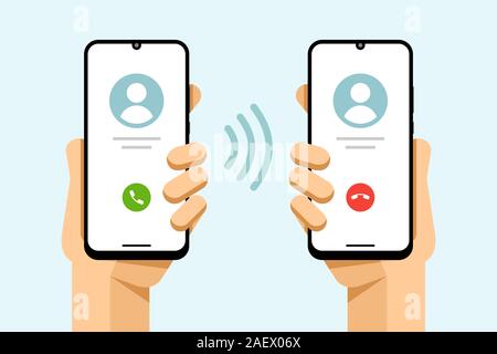 Smartphone mockup in human hand. Accept and decline the phone call. Call from phone to phone. Vector colorful technology illustration Stock Vector
