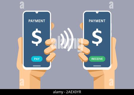 Smartphone mockup in human hand. Send and receive money finance transaction from phone to phone. Electronic wallet. Vector colorful technology illustr Stock Vector