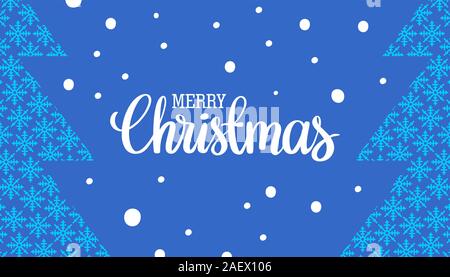 Merry Christmas invitation card with handwritten text on blue background with snowflakes and two xmas trees. EPS10 vector Stock Vector