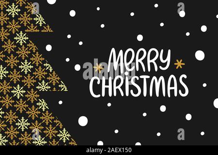 Merry Christmas invitation greeting card with handwritten text on black background with snowflakes and xmas tree. EPS10 vector Stock Vector
