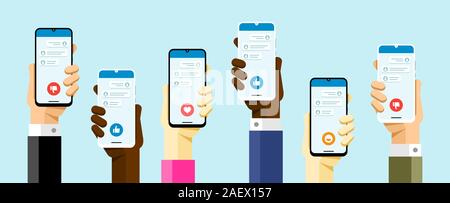 Social media communication with a lot of peoples via smartphone application. Like, dislike, smile, love button. Vector illustration Stock Vector
