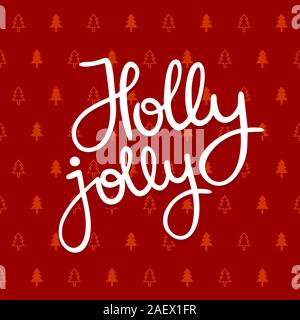 Merry Christmas greeting card with handwritten text on red background with xmas tree pattern. EPS10 vector Stock Vector