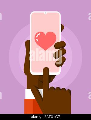 Smartphone mockup in human hand. Send the love message with big pink heart. Vector colorful technology illustration Stock Vector