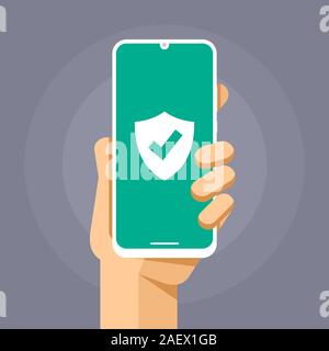 Smartphone mockup with protection shield on the blank screen. Secure antivirus device. Vector colorful technology illustration Stock Vector