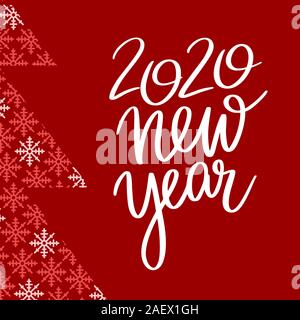 Happy New Year greeting card with handwritten text on red background and xmas tree from snowflakes. EPS 10 vector Stock Vector