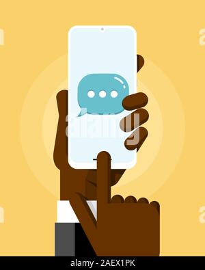 Smartphone mockup in human hand. SMS message send. Social media network . Vector colorful technology illustration Stock Vector