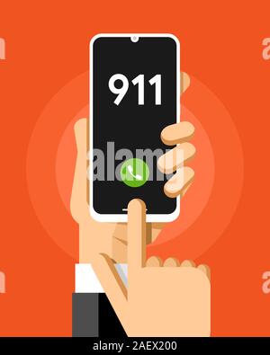 Smartphone mockup in human hand. 911 rescue phone number. Vector colorful technology illustration Stock Vector