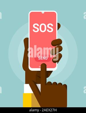 Smartphone mockup in human hand. SOS message on the blank pink screen. Vector colorful technology illustration Stock Vector