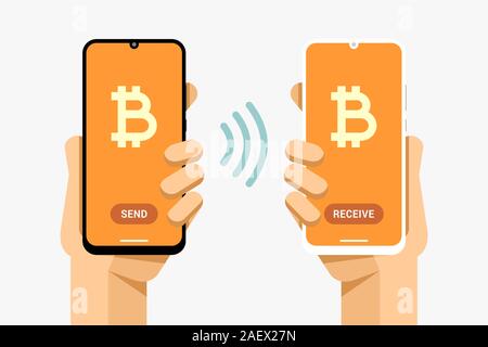 Smartphones with cryptocurrency transaction finance operation. Sending and receiving bitcoin. Vector concept technology illustration Stock Vector