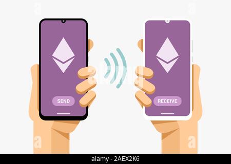 Smartphones with cryptocurrency transaction finance operation. Sending and receiving ethereum. Vector concept technology illustration Stock Vector