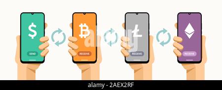 Smartphones with cryptocurrency exchange finance operation. Dollar to bitcoin, litecoin, ethereum. Vector concept technology illustration Stock Vector