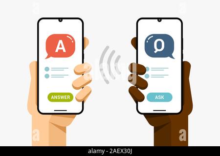Smartphone mockup in human hand. Question and answer. Online support via chat application. EPS10 Vector Stock Vector