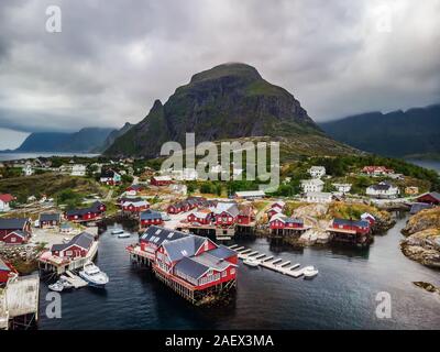 Aerial view at red houses at Å (meaning 'stream') is a village in Moskenes Municipality in Nordland county, Norway. This is last town on Lofoten islan Stock Photo