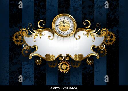 Jewelry, patterned banner with antique watches, decorated with gold and brass gears on dark blue, textured, striped background, drawn in steampunk sty Stock Vector