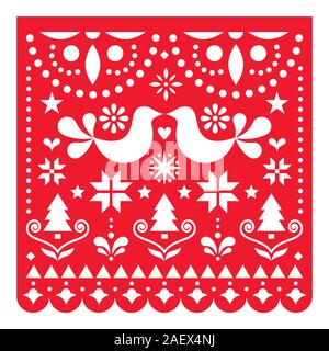 Christmas Papel Picado vector design, Mexican Xmas greeting card with Christmas trees, stars, snowflakes and flowers pattern Stock Vector