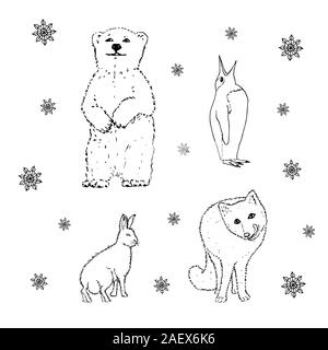 Set of northern winter animals: bear, penguin, rabbit, fox. Black outline on white background. Picture can be used in greeting cards, posters, flyers, banners, logo, further design etc. Vector illustration. EPS10 Stock Vector