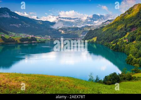 Lake Lungern with Swiss Alps and stunning valley from Brunig Pass ...