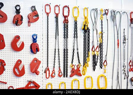 Lifting equipment and chains in exhibition store Stock Photo