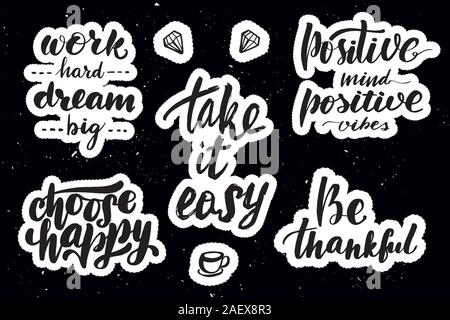 Stickers with hand drawn typography lettering inscriptions. Stock Vector