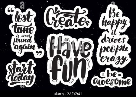 Stickers with hand drawn typography lettering inscriptions. Stock Vector