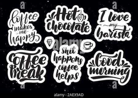 Stickers with hand drawn typography lettering inscriptions. Stock Vector