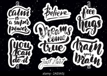 Stickers with hand drawn typography lettering inscriptions. Stock Vector