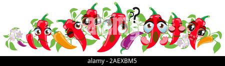 Chili pepper border. Cute cartoon emoji vegetables Stock Vector