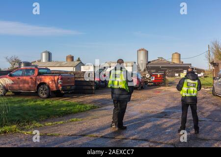 11th December 2019. An outbreak of Bird Flu,  Avian Influenza at Homefield Farm, Athelington, Suffolk, UK.  The scene at the gates of Homefield Farm. Stock Photo