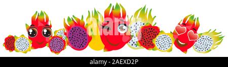 Sweet pitaya border. Cute cartoon emoji fruits Stock Vector