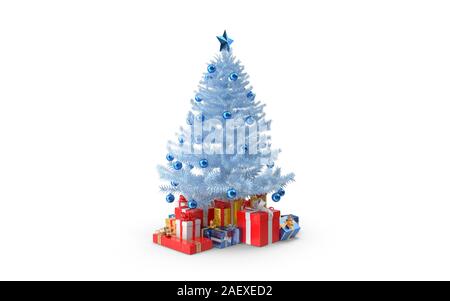 Christmas scene with Christmas Tree with Gift Boxes against white background. 3D rendering. Stock Photo