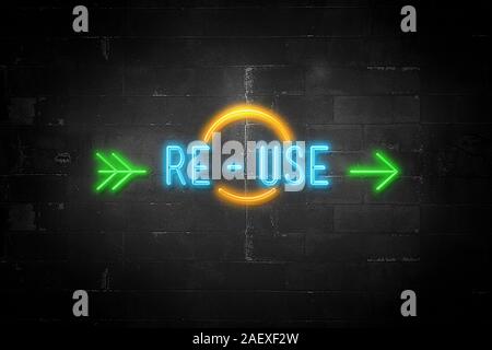 Re-use message on Neon sign with concrete wall background, the sign flashes and blinks. 3D rendering. Stock Photo