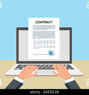 Online electronic smart contract document on laptop, paper document, signature on computer screen. vector illustration. Stock Vector
