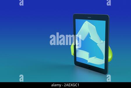 Recycling symbol on and behind a modern digital tablet screen. High resolution image designed for all your crop needs. 3D rendering. Stock Photo