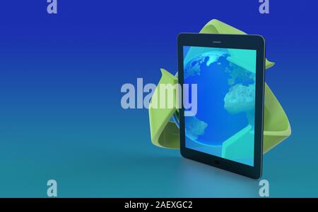 Recycling symbol around earth symbol on and behind a modern digital tablet screen. High resolution image designed for all your crop needs. 3D renderin Stock Photo