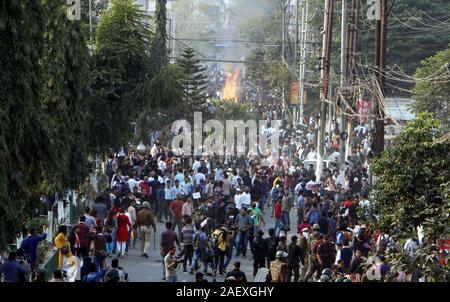 Guwahati, Assam, India. 11th Dec, 2019. A day after total shutdown in Assam to protest against the Citizenship Amendment Bill (CAB), fresh protests erupted in the state of Assam in India on Wednesday when the legislation would be debated in the Rajya Sabha.To tackle the situation, the police had to fire rubber bullets, Water Jets and resort to mild batton charge on the protestors in Guwahati and Dibruhagh district, as per the police sources. Credit: ZUMA Press, Inc./Alamy Live News Stock Photo