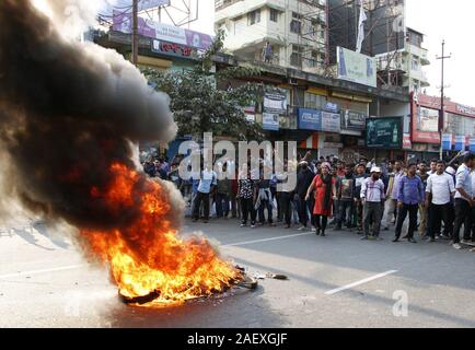 Guwahati, Assam, India. 11th Dec, 2019. A day after total shutdown in Assam to protest against the Citizenship Amendment Bill (CAB), fresh protests erupted in the state of Assam in India on Wednesday when the legislation would be debated in the Rajya Sabha.To tackle the situation, the police had to fire rubber bullets, Water Jets and resort to mild batton charge on the protestors in Guwahati and Dibruhagh district, as per the police sources. Credit: ZUMA Press, Inc./Alamy Live News Stock Photo