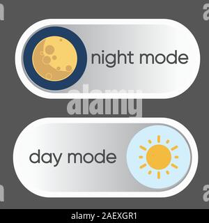 Concept of gadget interface switch to Day and Night mode and ui symbol. Day and Night Mode. Vector On Off Switch. Stock Vector