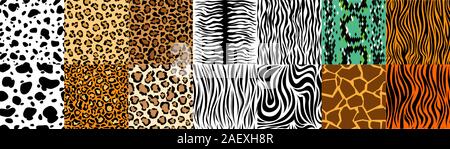 Set of seamless patterns with skin of fur textures of wild animals Stock Vector