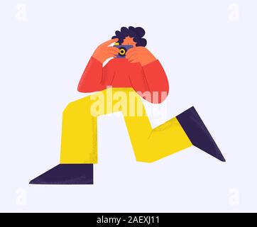 Funny male trendy photographer running taking photo using camera isolated at white background Stock Vector